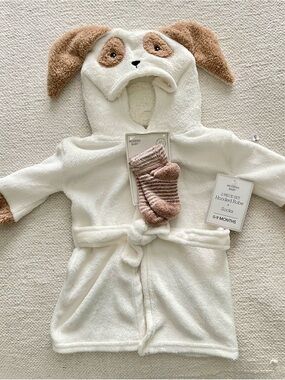 Baby Hooded Robe with Puppy Ears - Cream and Light Brown NWT 0-9months